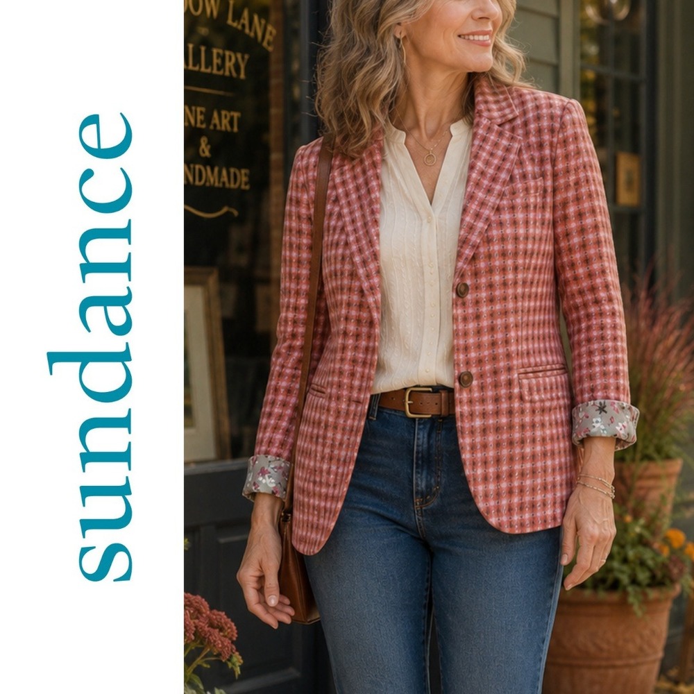 Sundance, Lisa Blazer Pink Plaid Wool Blend Floral Lined Jacket Size Small
